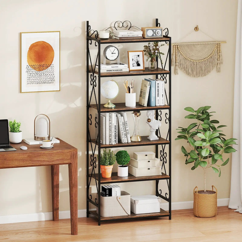 6-Tier Bookshelf Industrial Bookcase with 2 Anti-Tipping Kits and Metal Frame-Rustic Brown by DirectDeals
