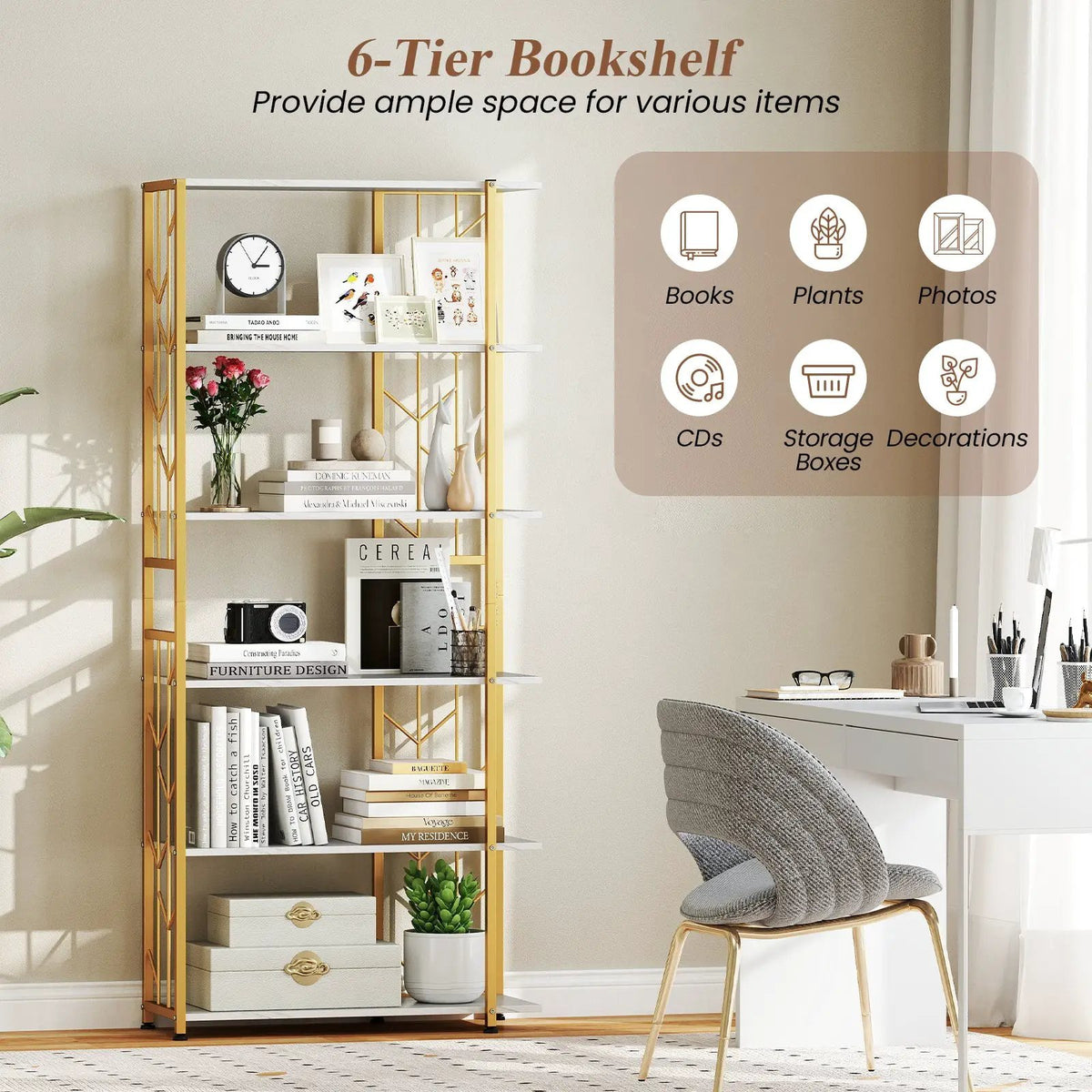 6-Tier Bookshelf Modern Geometric Bookcase with Heavy-duty Metal Frame and Anti-tipping Kits, photo 14 of 16