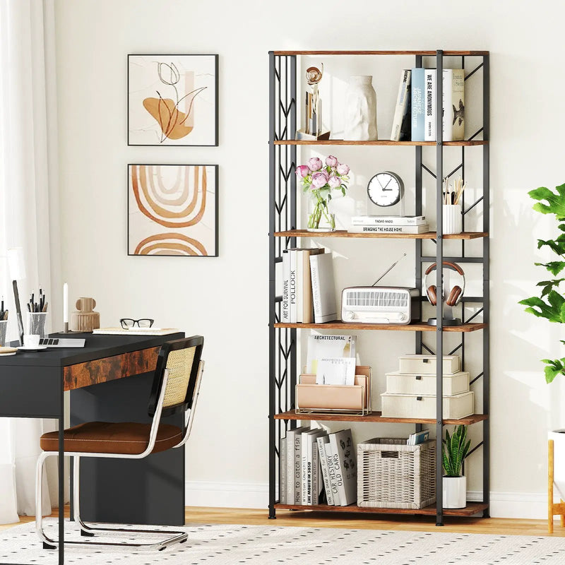 6-Tier Bookshelf Modern Geometric Bookcase with Heavy-duty Metal Frame and Anti-tipping Kits by DirectDeals