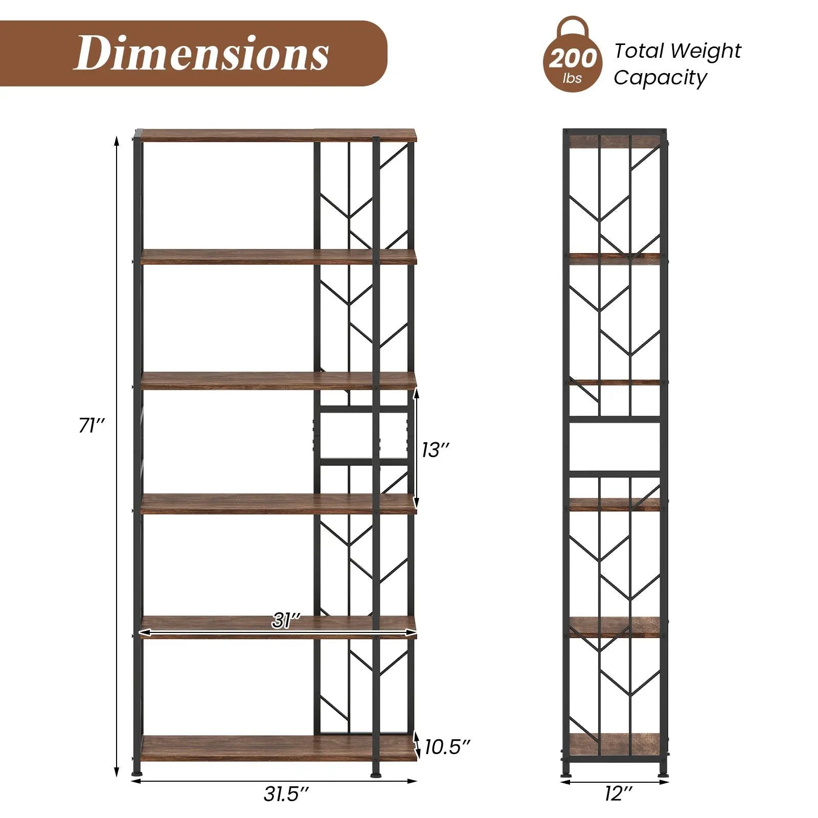 6-Tier Bookshelf Modern Geometric Bookcase with Heavy-duty Metal Frame and Anti-tipping Kits by DirectDeals