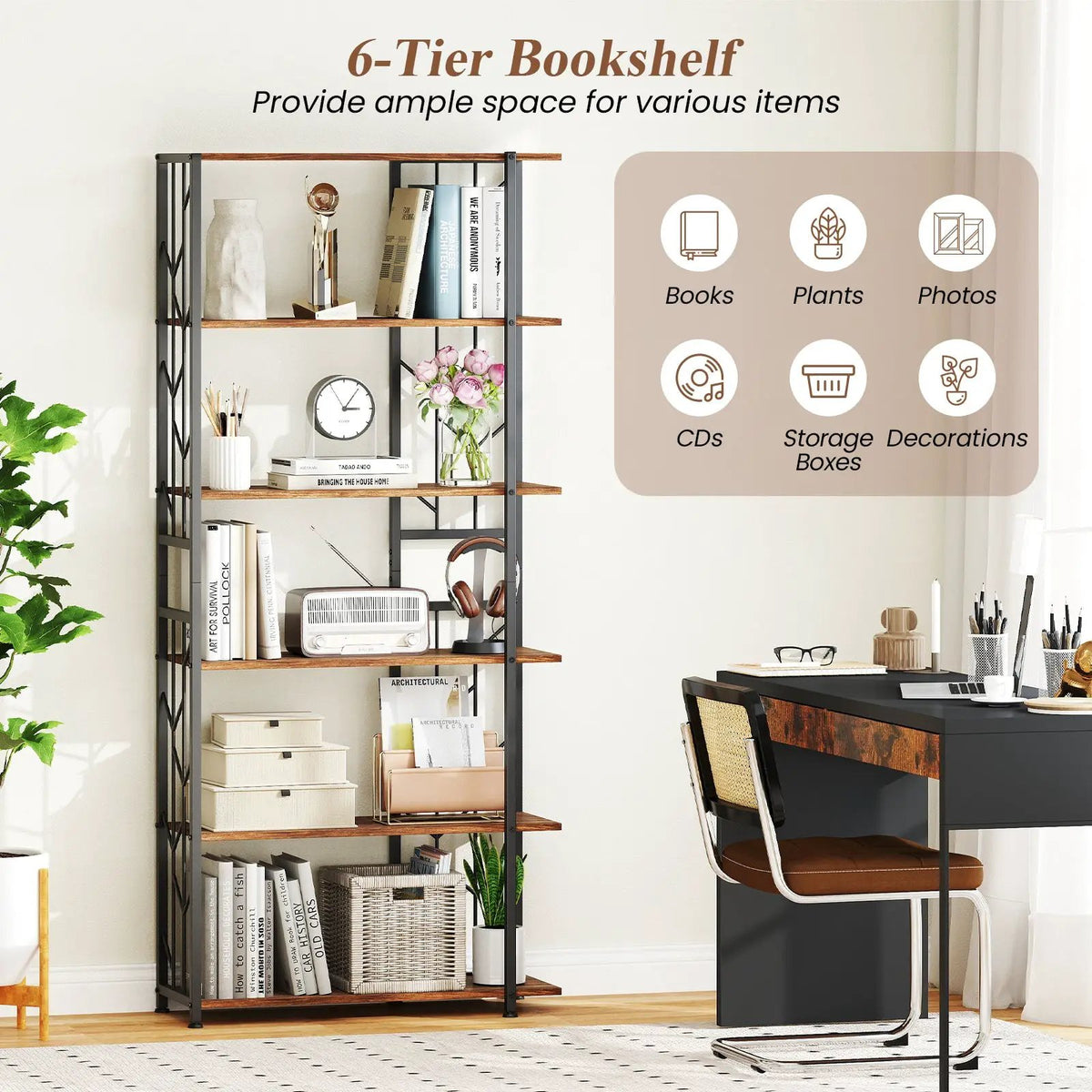 6-Tier Bookshelf Modern Geometric Bookcase with Heavy-duty Metal Frame and Anti-tipping Kits, photo 13 of 16