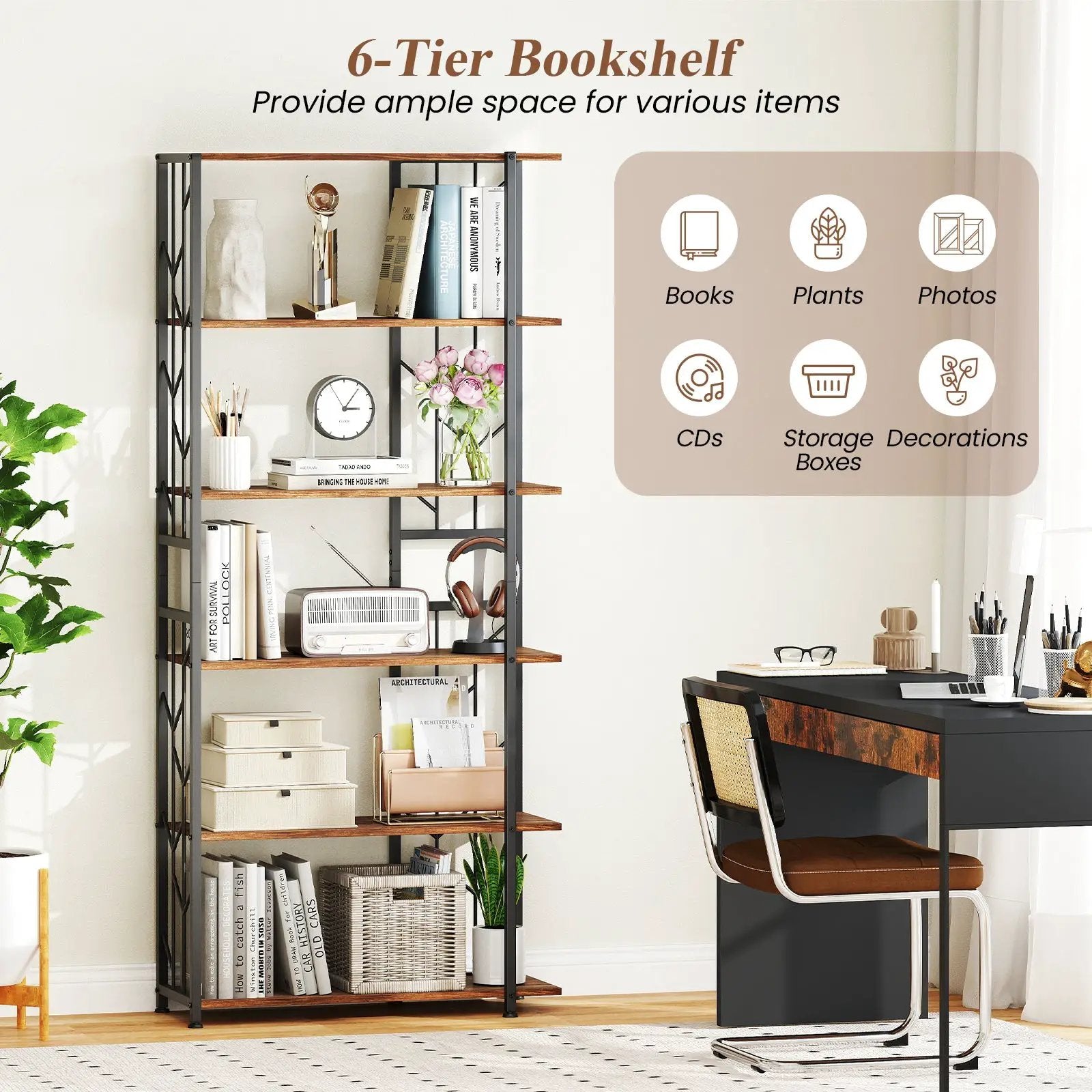6-Tier Bookshelf Modern Geometric Bookcase with Heavy-duty Metal Frame and Anti-tipping Kits by DirectDeals