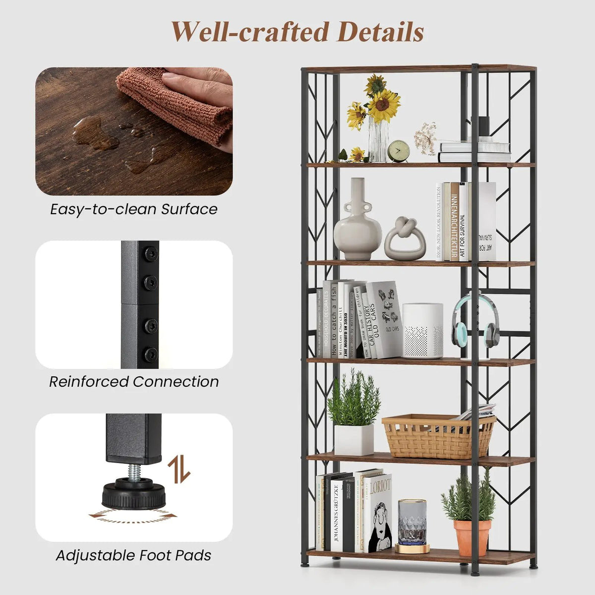 6-Tier Bookshelf Modern Geometric Bookcase with Heavy-duty Metal Frame and Anti-tipping Kits, photo 15 of 16