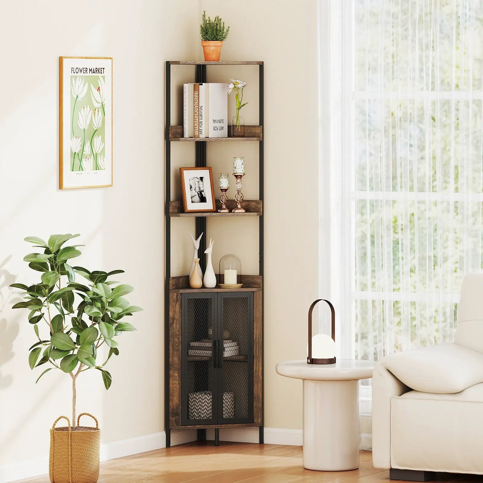 6-Tier Corner Shelf 67 Inches Tall Corner Bookshelf with Cabinet Industrial Bookcase by DirectDeals