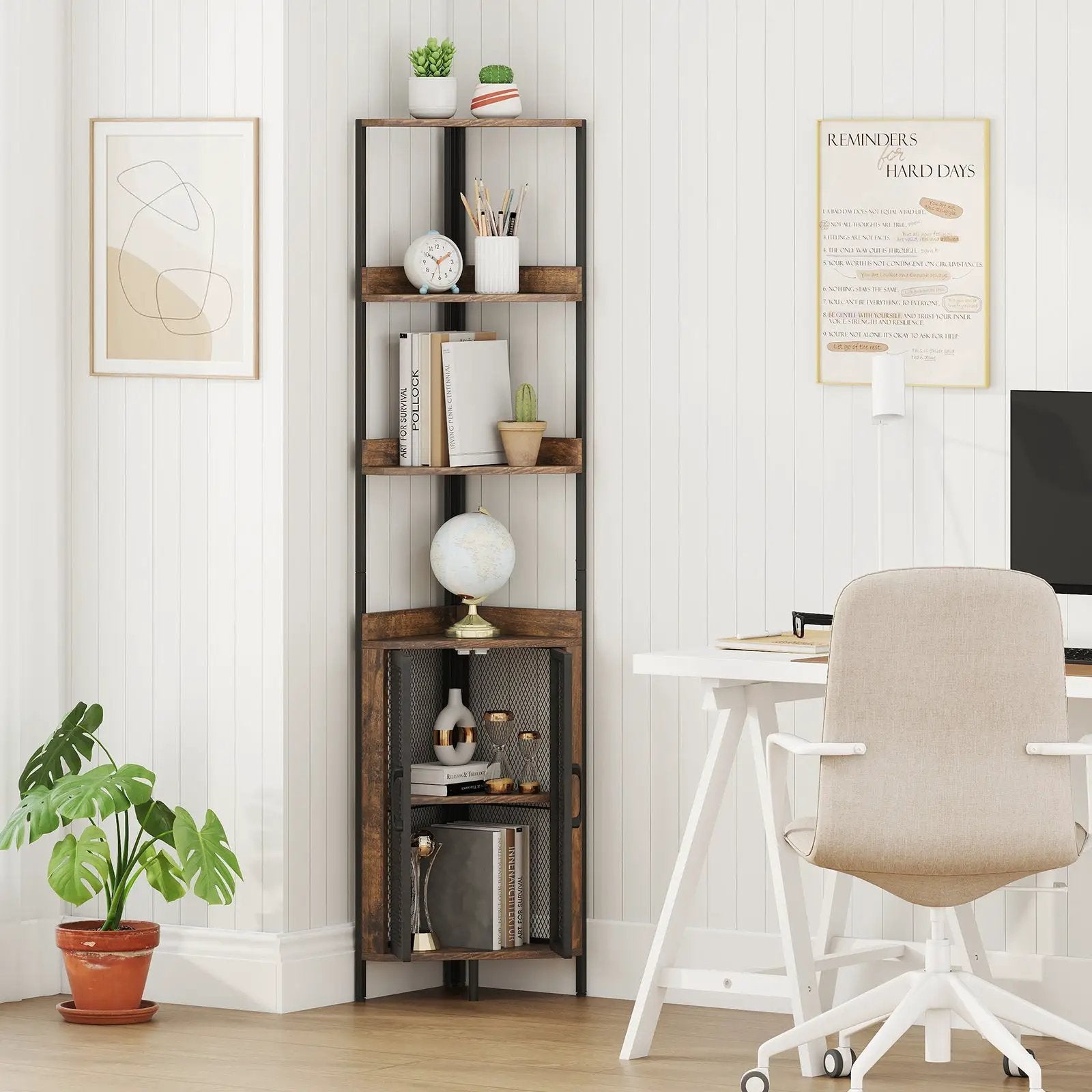 6-Tier Corner Shelf 67 Inches Tall Corner Bookshelf with Cabinet Industrial Bookcase by DirectDeals