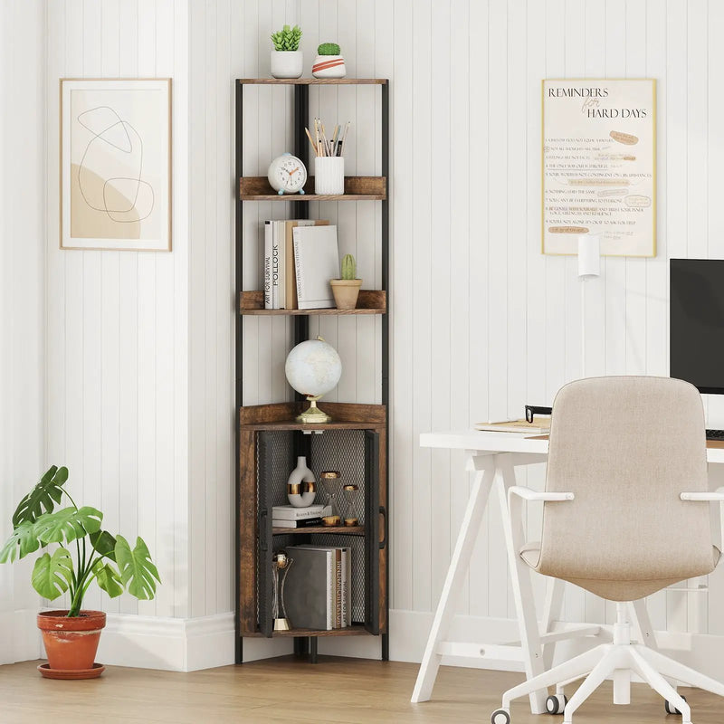 6-Tier Corner Shelf 67 Inches Tall Corner Bookshelf with Cabinet Industrial Bookcase by DirectDeals