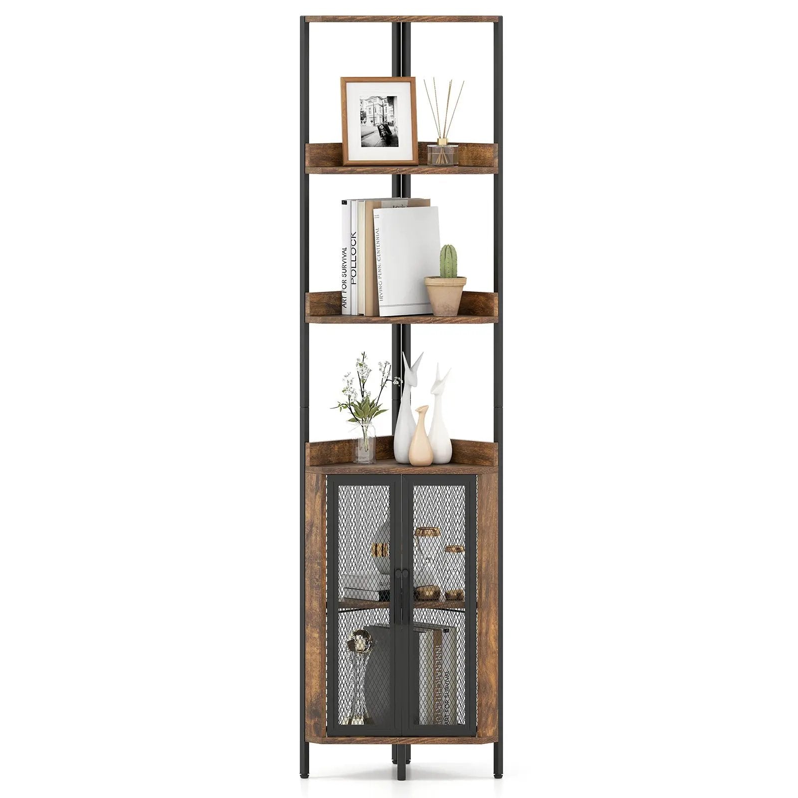 6-Tier Corner Shelf 67 Inches Tall Corner Bookshelf with Cabinet Industrial Bookcase by DirectDeals