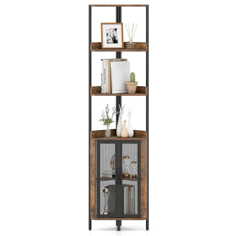 6-Tier Corner Shelf 67 Inches Tall Corner Bookshelf with Cabinet Industrial Bookcase by DirectDeals