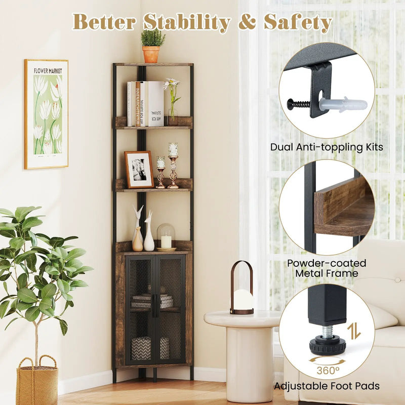 6-Tier Corner Shelf 67 Inches Tall Corner Bookshelf with Cabinet Industrial Bookcase by DirectDeals