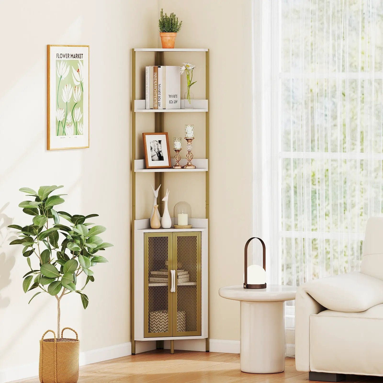 6-Tier Corner Shelf 67 Inches Tall Corner Bookshelf with Cabinet Industrial Bookcase by DirectDeals