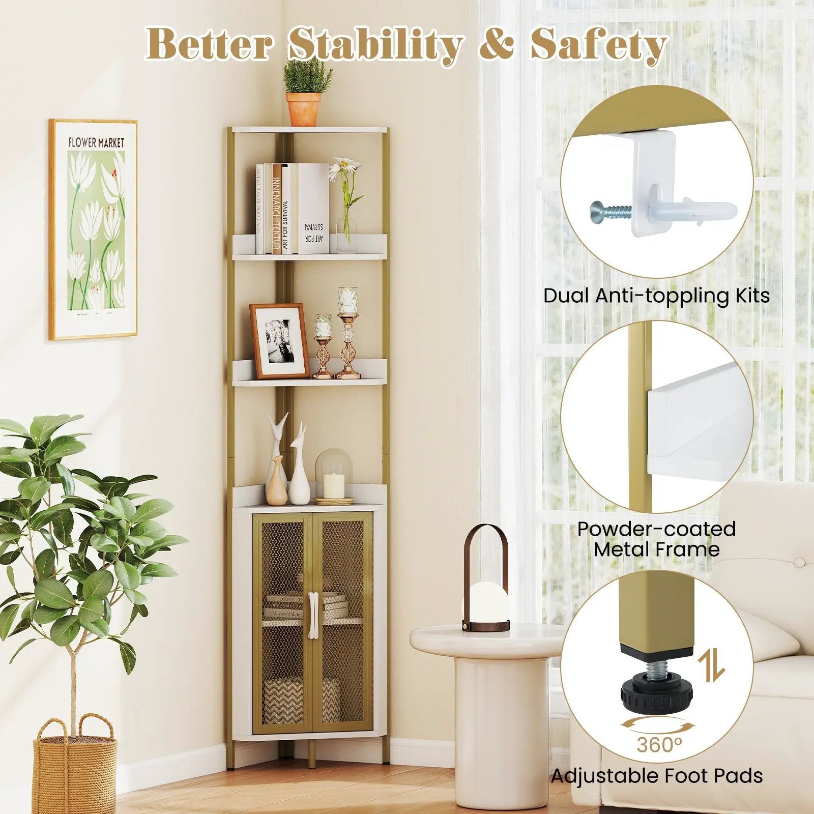 6-Tier Corner Shelf 67 Inches Tall Corner Bookshelf with Cabinet Industrial Bookcase by DirectDeals