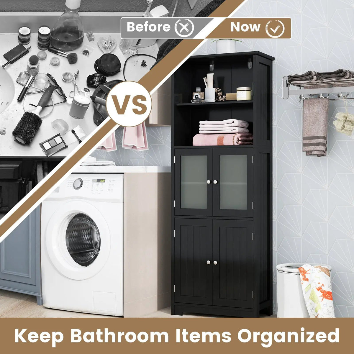 6-Tier Freestanding Bathroom Cabinet with 2 Open Compartments and Adjustable Shelves, photo 6 of 10