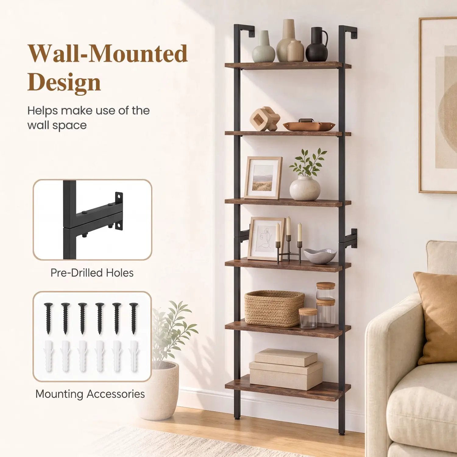 6-Tier Ladder Bookshelf with Metal Frame by DirectDeals