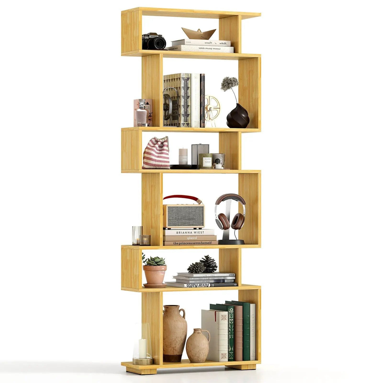 6-Tier Geometric Bookshelf with 2 Anti-Tipping Kits for Home Office by DirectDeals