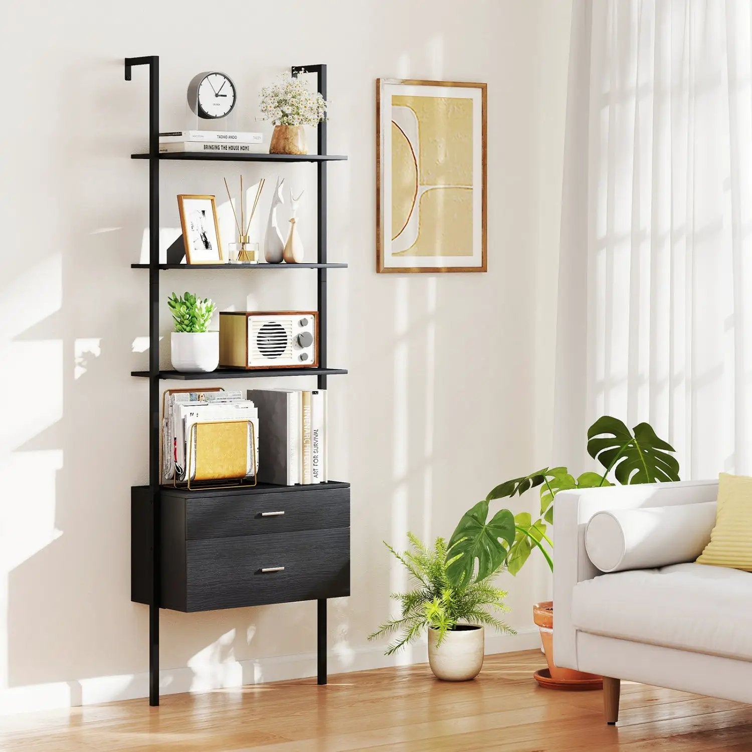 6-Tier Ladder Bookcase with 2 Drawers and Metal Frame-Black by DirectDeals