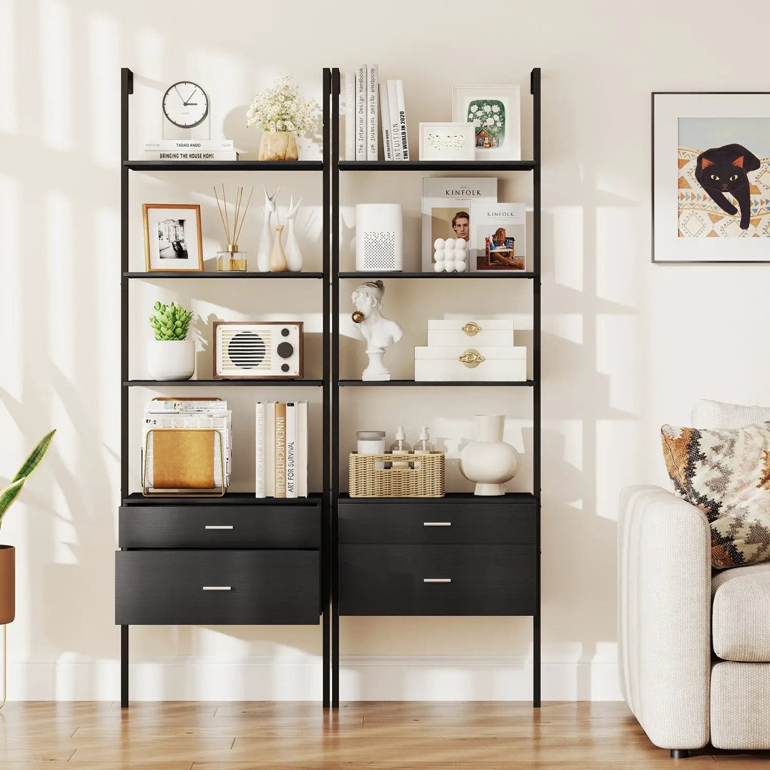 6-Tier Ladder Bookcase with 2 Drawers and Metal Frame-Black by DirectDeals
