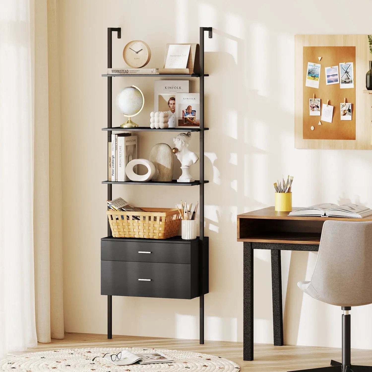 6-Tier Ladder Bookcase with 2 Drawers and Metal Frame-Black by DirectDeals