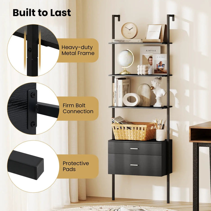 6-Tier Ladder Bookcase with 2 Drawers and Metal Frame-Black by DirectDeals