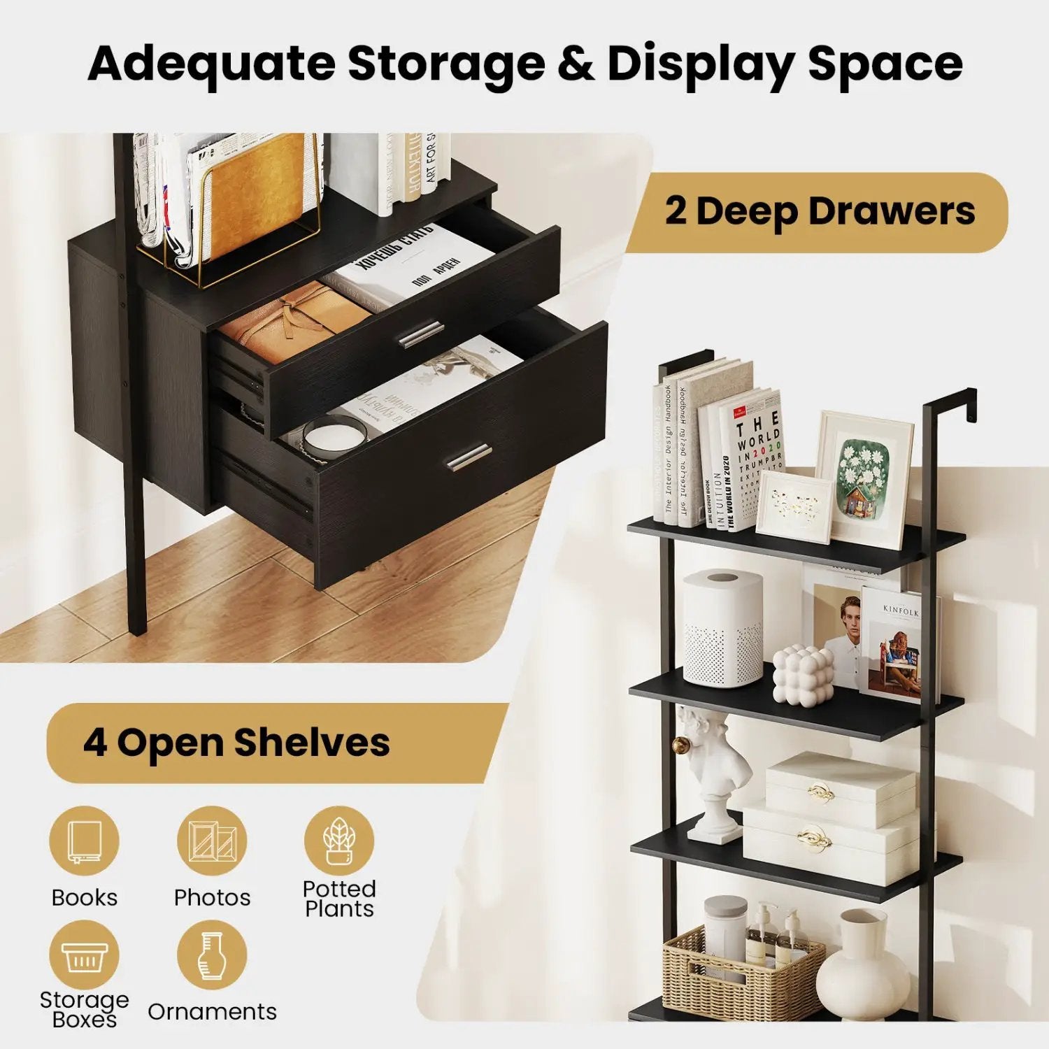 6-Tier Ladder Bookcase with 2 Drawers and Metal Frame-Black by DirectDeals