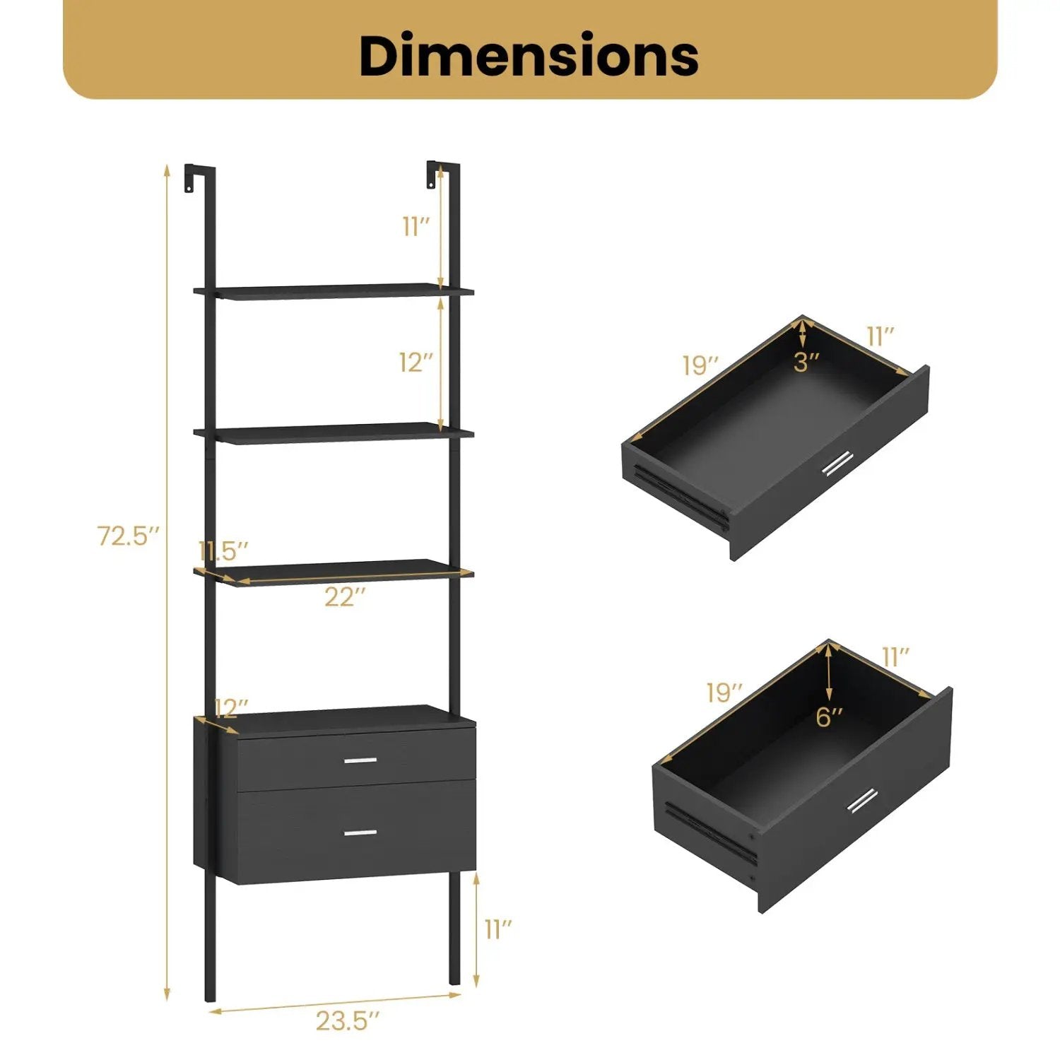 6-Tier Ladder Bookcase with 2 Drawers and Metal Frame-Black by DirectDeals