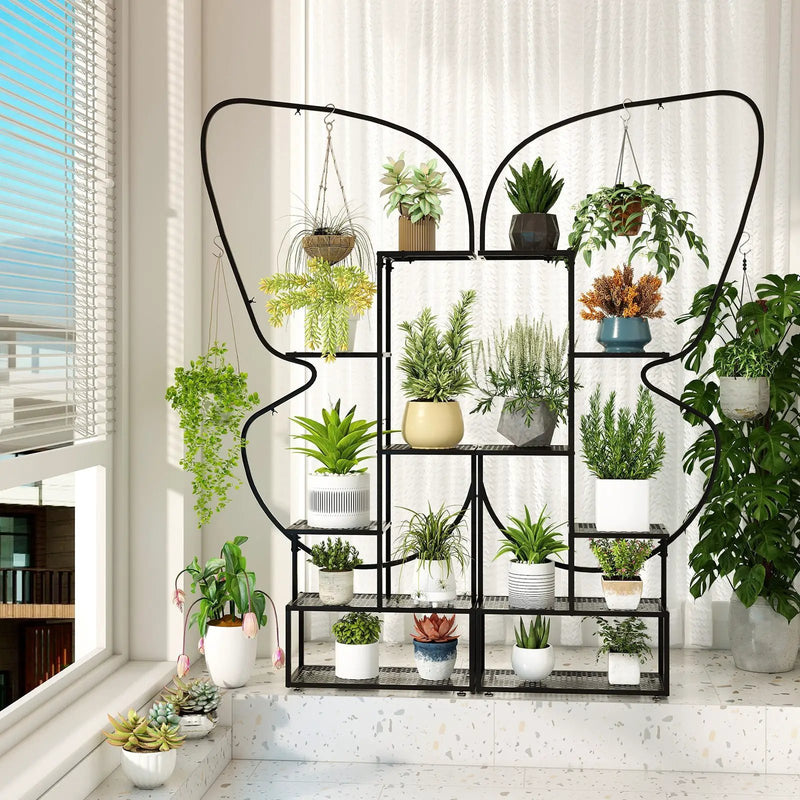 6-Tier Metal Plant Stand Ladder Display Rack with Hanging Hooks-Black by DirectDeals