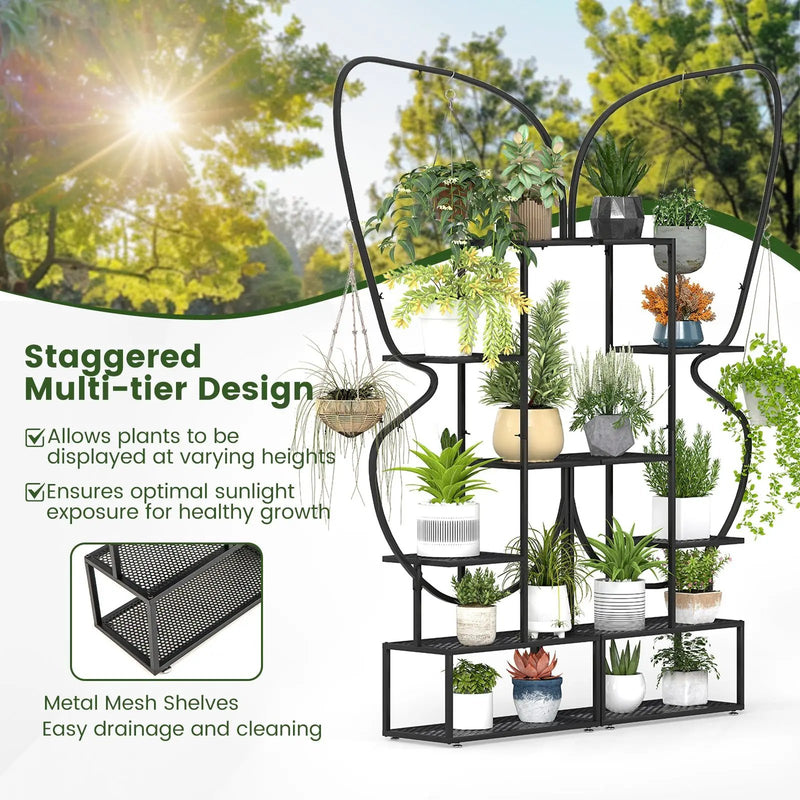 6-Tier Metal Plant Stand Ladder Display Rack with Hanging Hooks-Black by DirectDeals