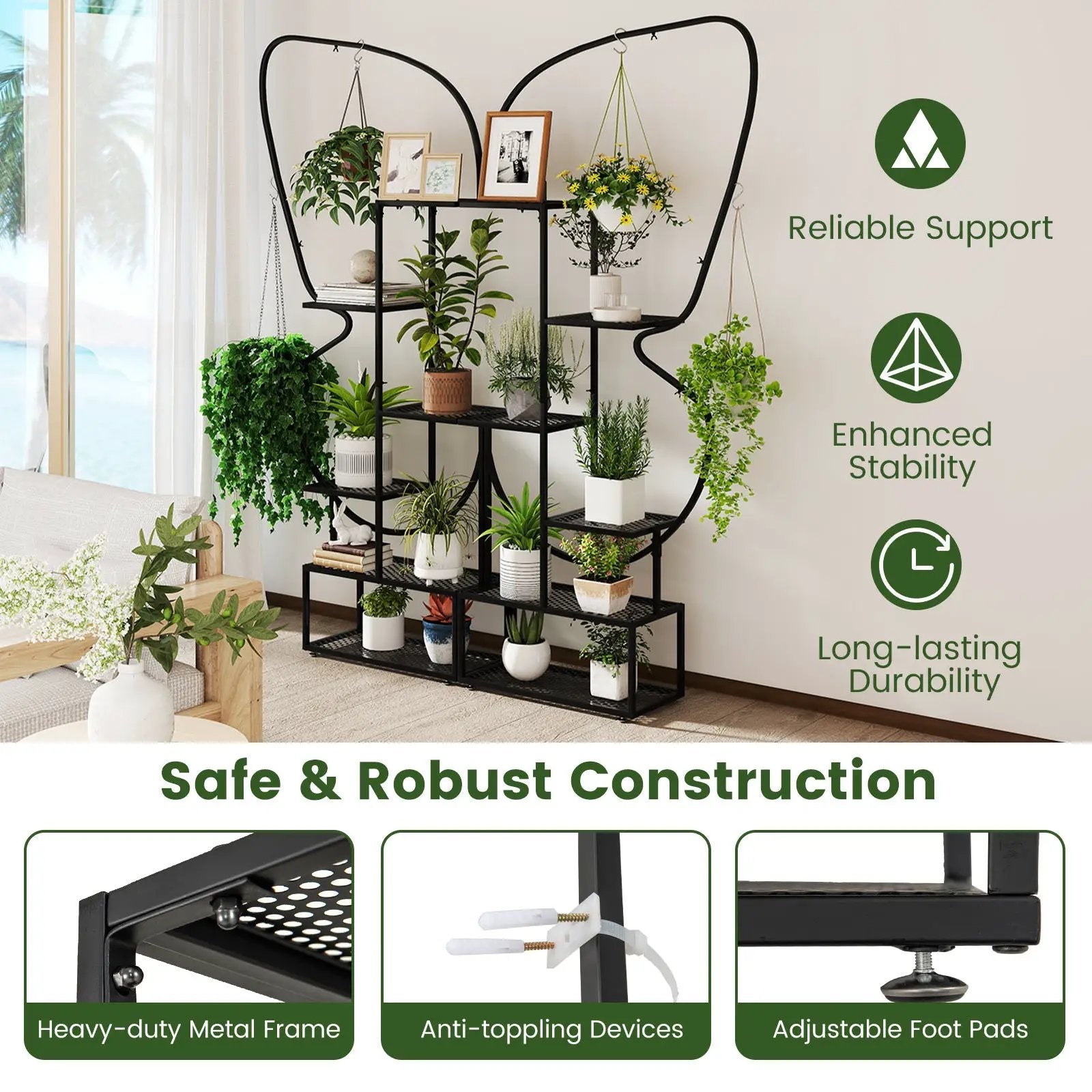 6-Tier Metal Plant Stand Ladder Display Rack with Hanging Hooks-Black by DirectDeals