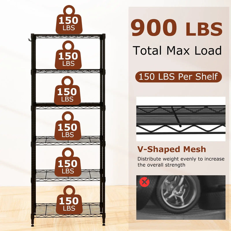 6-Tier Metal Storage Shelving Unit with V-Shaped Wire Rack and 900 LBS Capacity-Black by DirectDeals