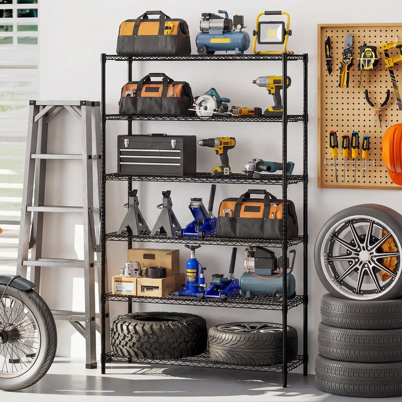6-Tier Metal Storage Shelving Unit with V-Shaped Wire Rack for Home Garage-Black by DirectDeals