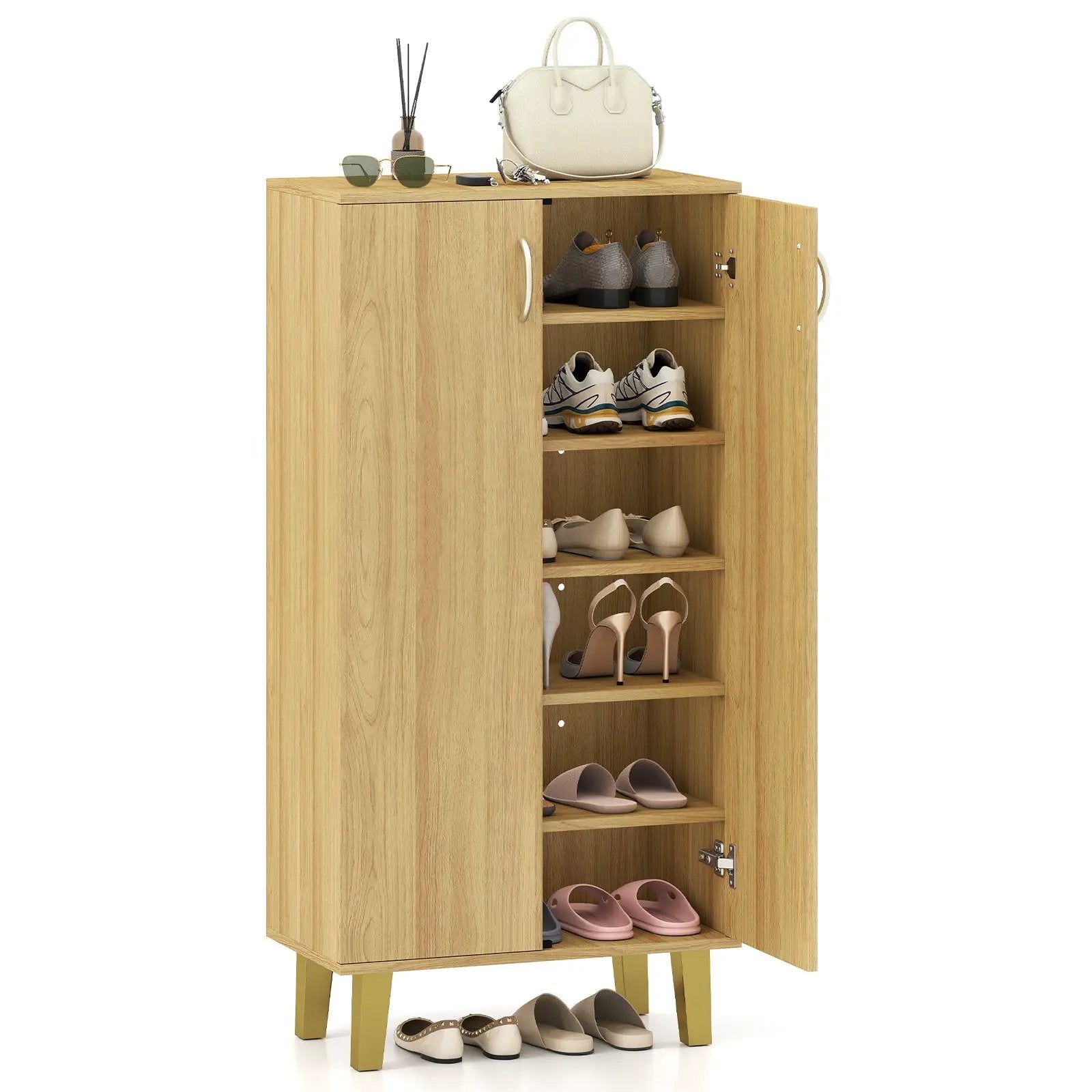 6-Tier Modern Freestanding Wooden Shoe Cabinet with Doors and Removable Shelves-Oak by DirectDeals