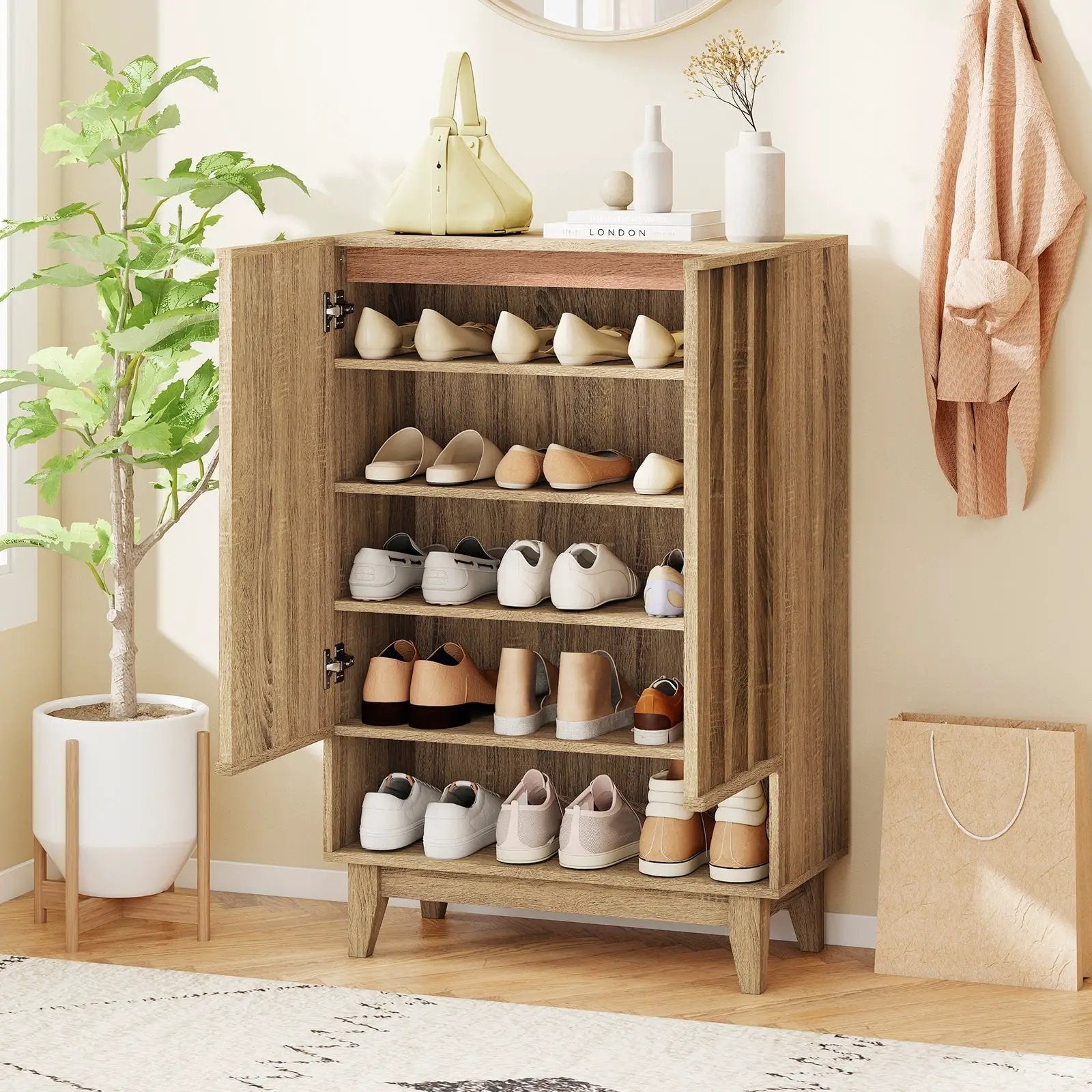 6-Tier Shoe Storage Organizer with 2 Fluted Doors-Oak by DirectDeals