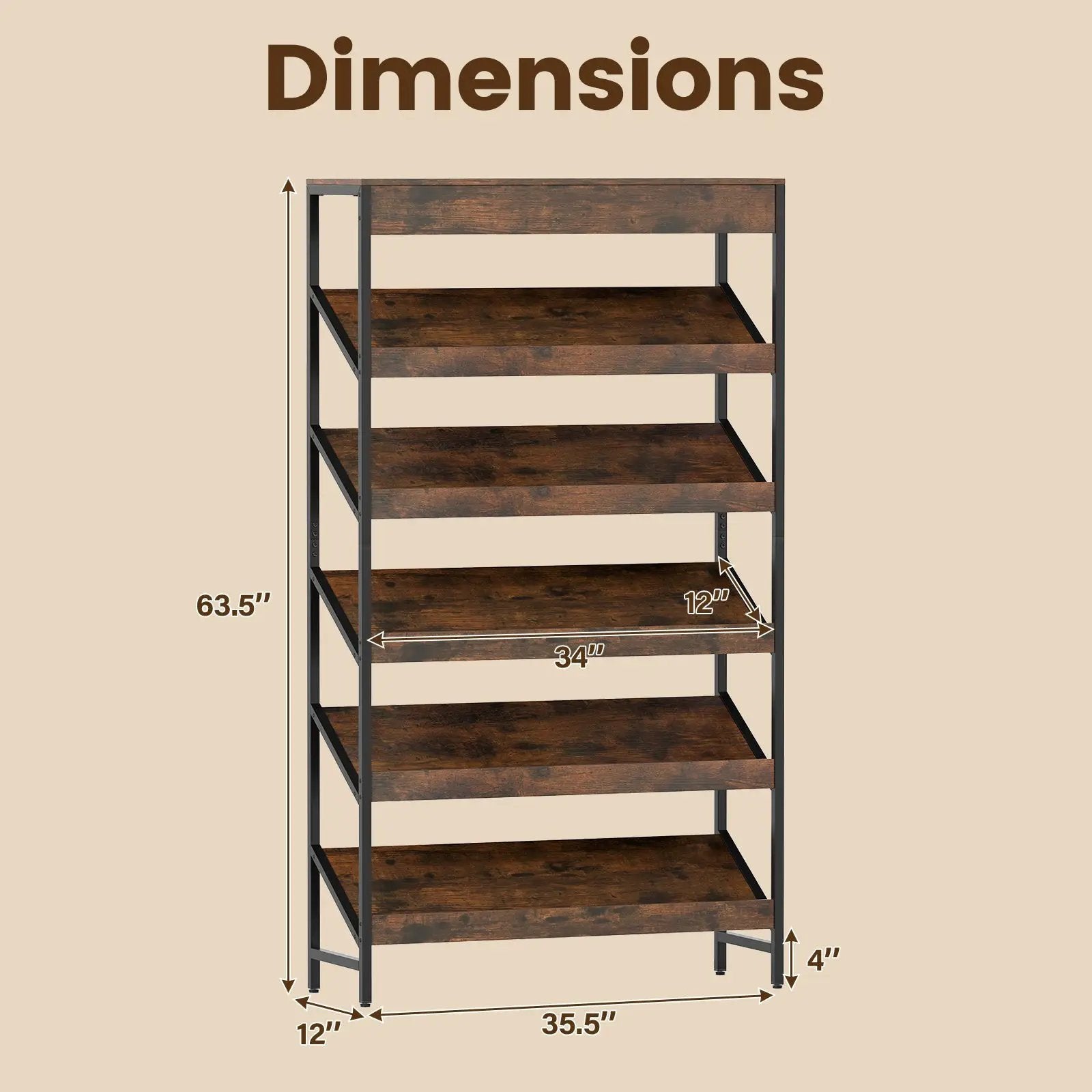 6-Tier Tall Freestanding Bookshelf with Angled Shelves for Home Office-Rustic Brown by DirectDeals