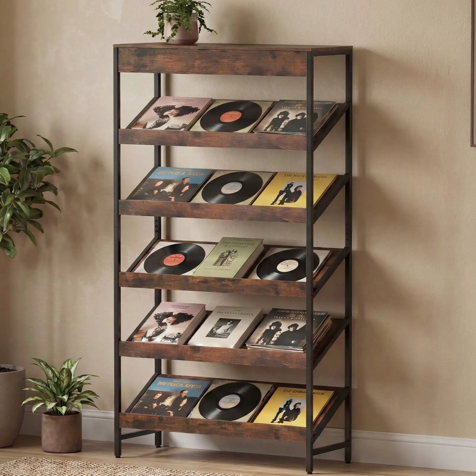 6-Tier Tall Freestanding Bookshelf with Angled Shelves for Home Office-Rustic Brown by DirectDeals