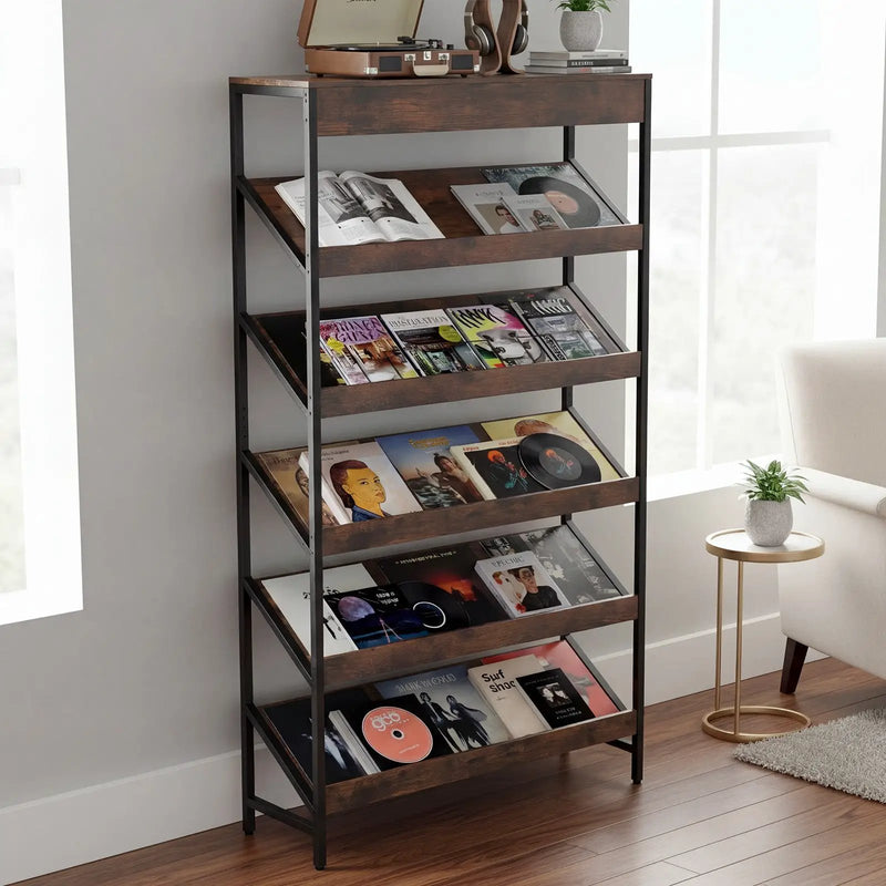 6-Tier Tall Freestanding Bookshelf with Angled Shelves for Home Office-Rustic Brown by DirectDeals
