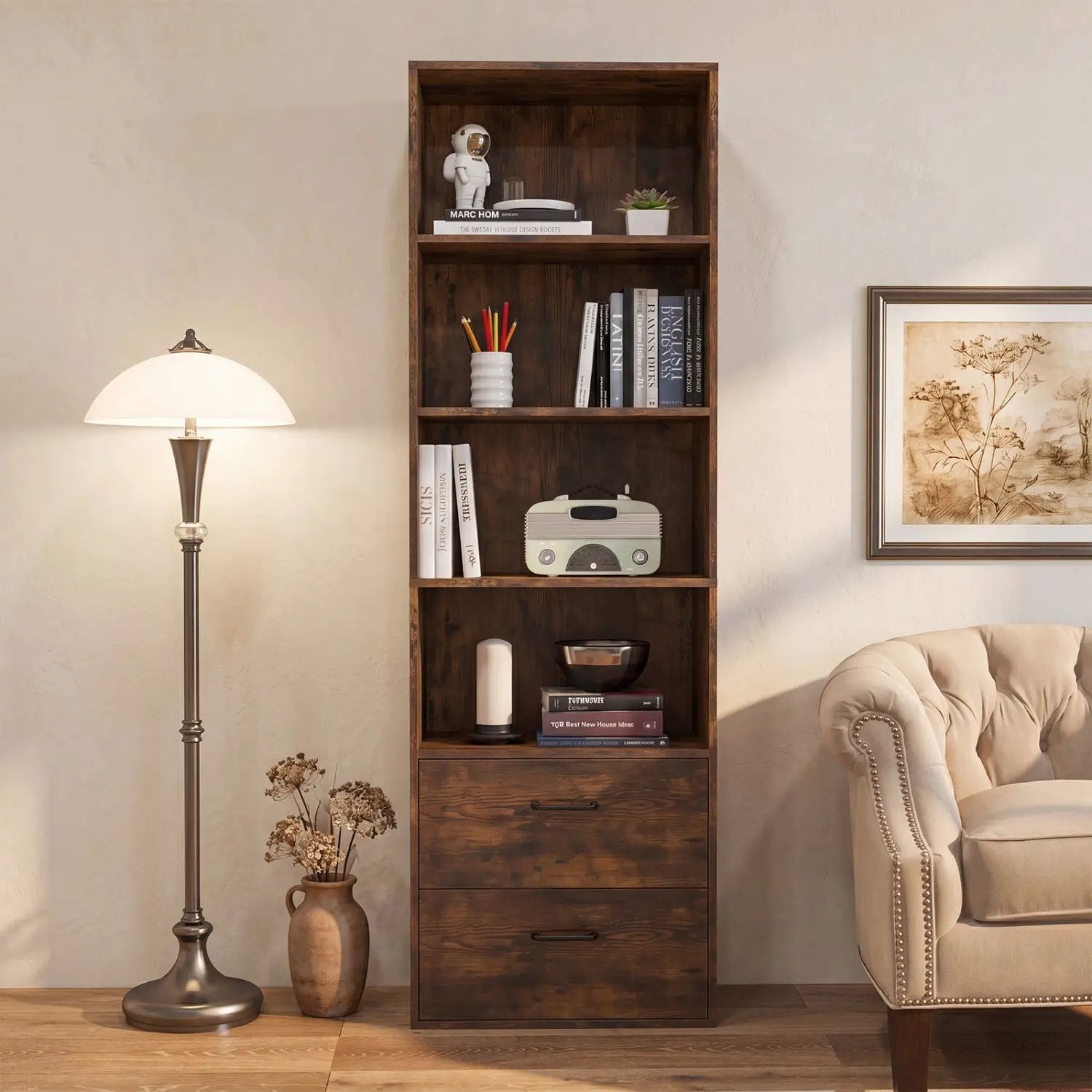 6-Tier Tall Bookshelf with Drawers - Rustic Brown by DirectDeals