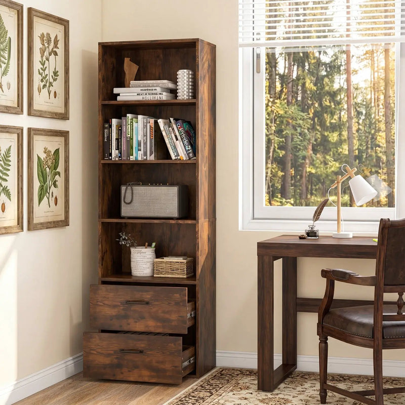 6-Tier Tall Bookshelf with Drawers - Rustic Brown by DirectDeals