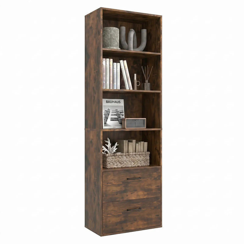 6-Tier Tall Bookshelf with Drawers - Rustic Brown by DirectDeals