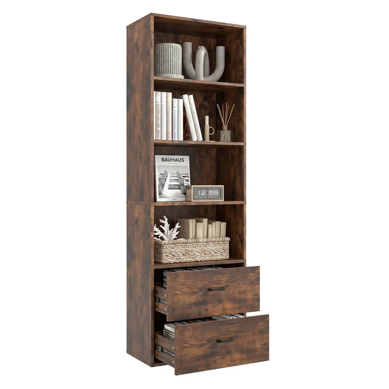 6-Tier Tall Bookshelf with Drawers - Rustic Brown by DirectDeals