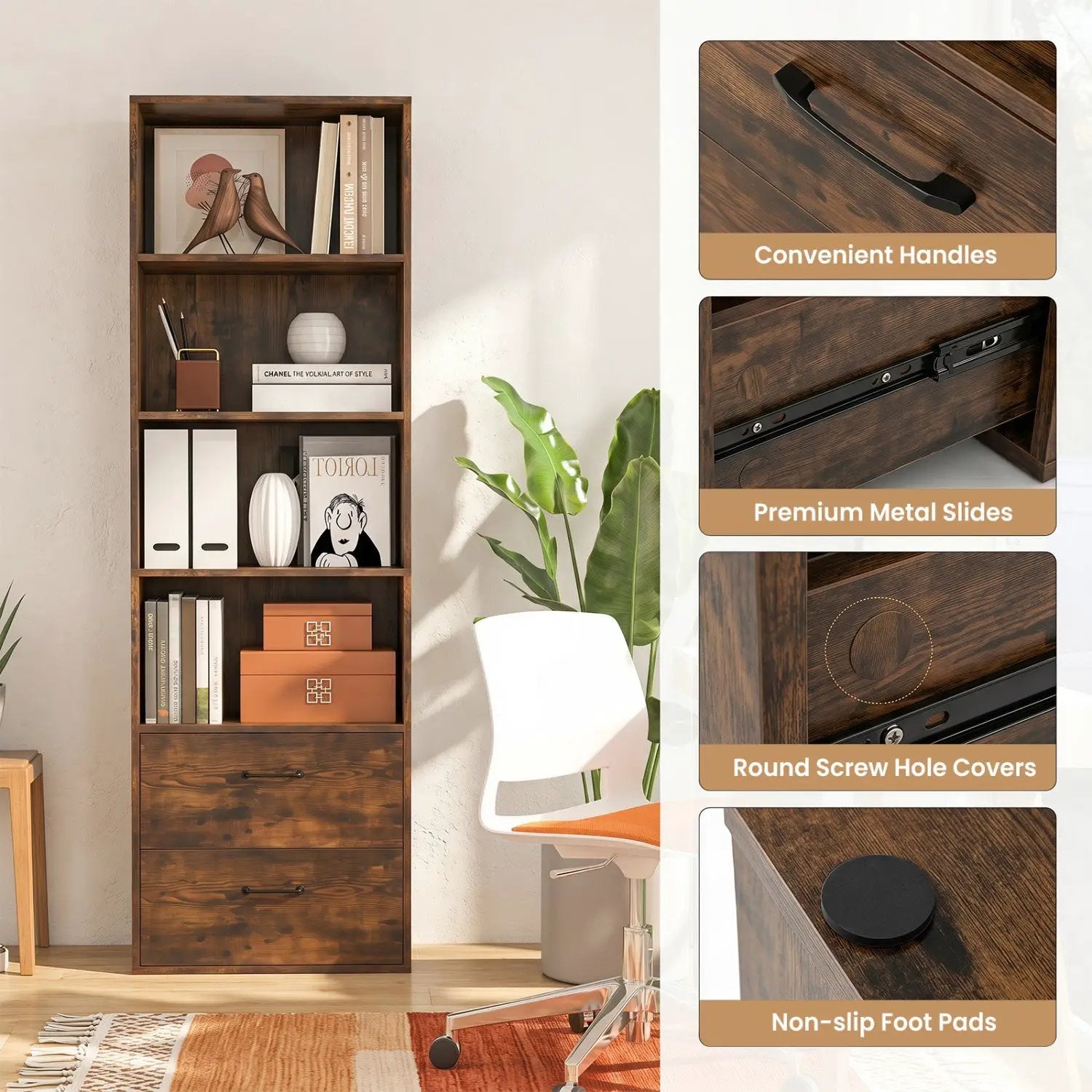 6-Tier Tall Bookshelf with Drawers - Rustic Brown by DirectDeals