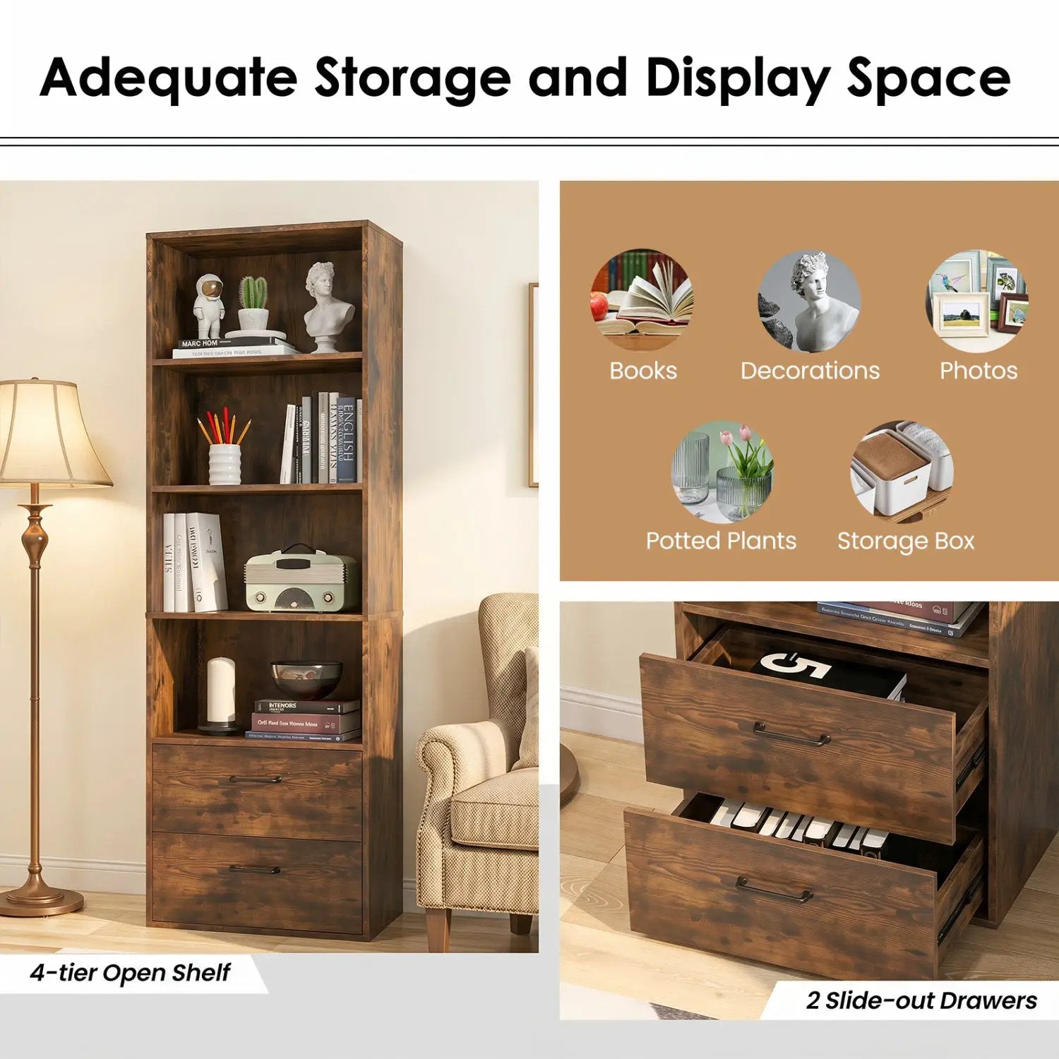6-Tier Tall Bookshelf with Drawers - Rustic Brown by DirectDeals