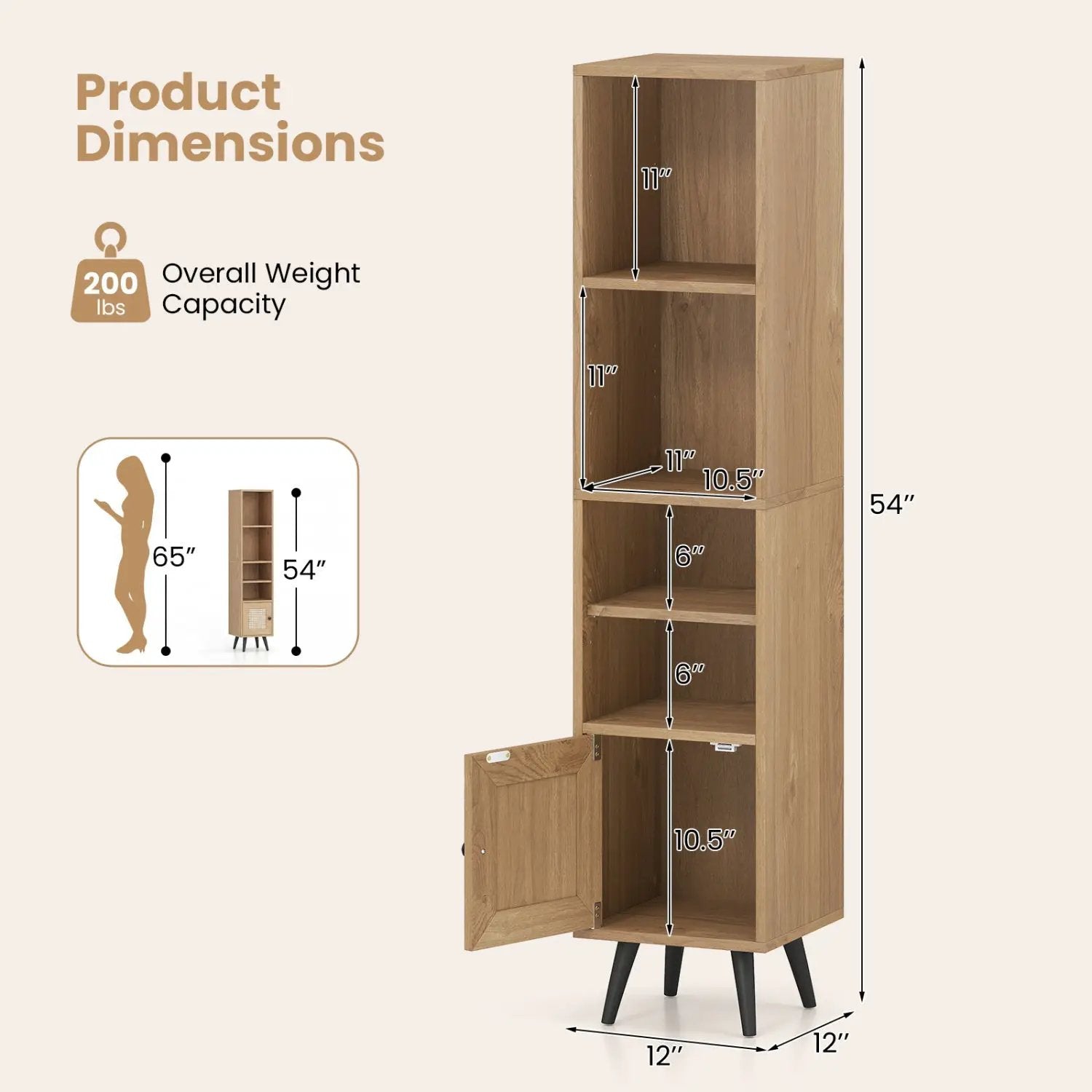 6-Tier Tall Narrow Bookcase 54 Inches Slim Storage Cabinet by DirectDeals