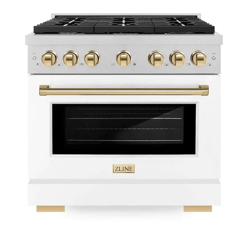 ZLINE 36"Gas Range, Convection Gas Oven, DuraSnow® White Matte, Gold SGRSZ-WM-36-G by Farmhouse Kitchen and Bath