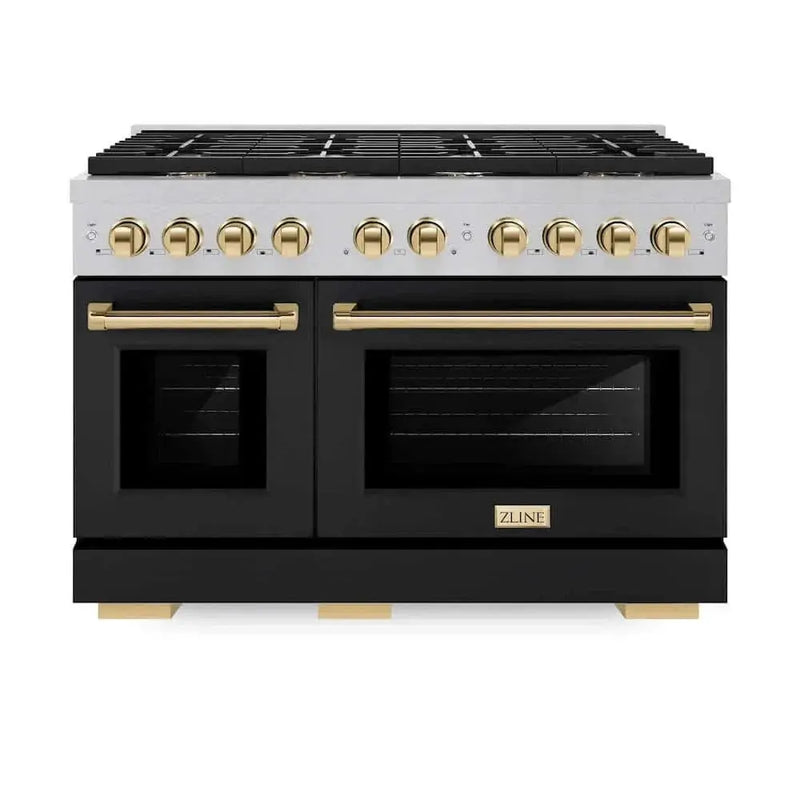 ZLINE 48"Gas Range, Convection Gas Oven, DuraSnow® Black Matte, Gold SGRSZ-BLM-48-G by Farmhouse Kitchen and Bath