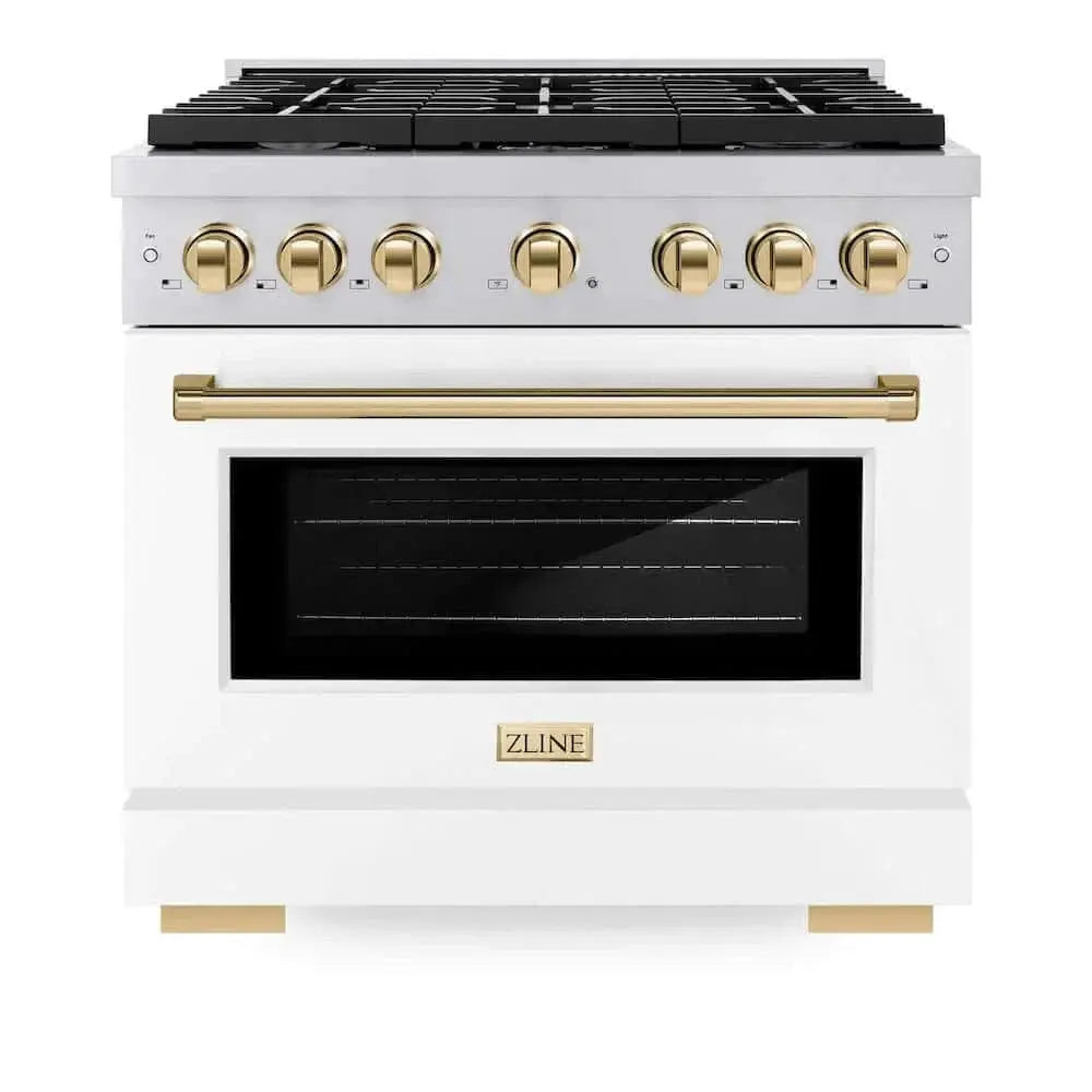 ZLINE 36"Gas Range, Convection Oven White, Gold, SGRZ-WM-36-G by Farmhouse Kitchen and Bath