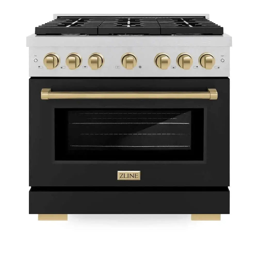 ZLINE 36"Gas Range, Convection Gas Oven, DuraSnow® Black Matte, Champagne Bronze SGRSZ-BLM-36-CB by Farmhouse Kitchen and Bath