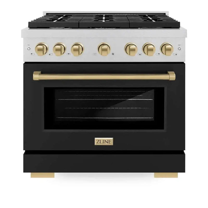 ZLINE 36"Gas Range, Convection Gas Oven, DuraSnow® Black Matte, Champagne Bronze SGRSZ-BLM-36-CB by Farmhouse Kitchen and Bath