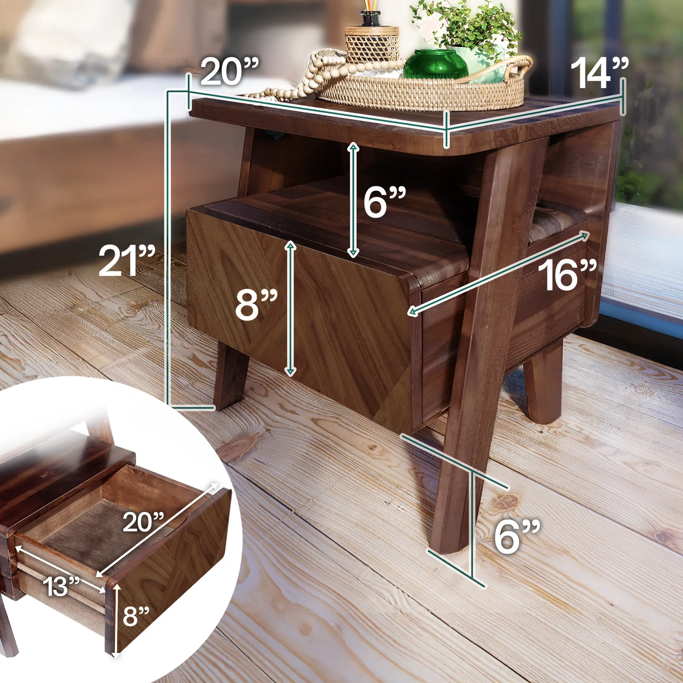 Rum Handcrafted Solid Wood Nightstand by Megsu
