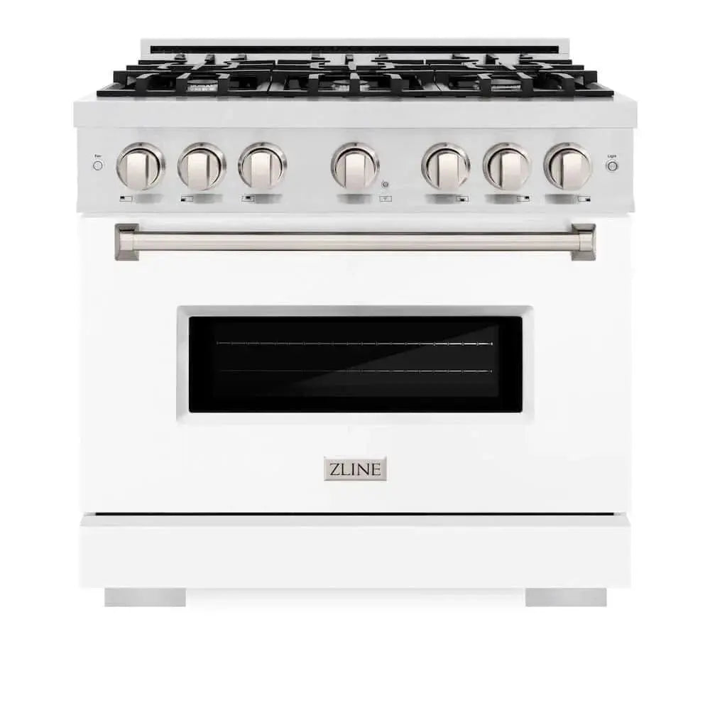 ZLINE 36" Dual Fuel Range, Gas Cooktop, Electric Convection Oven DuraSnow® Stainless Steel, White Matte Door CDRS-WM-36 by Farmhouse Kitchen and Bath