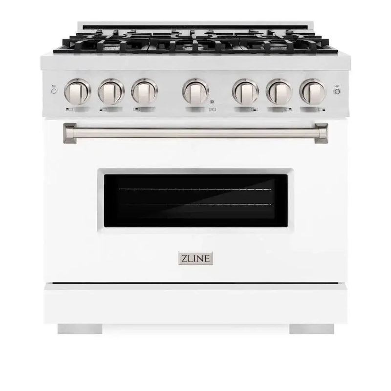 ZLINE 36" Dual Fuel Range, Gas Cooktop, Electric Convection Oven DuraSnow® Stainless Steel, White Matte Door CDRS-WM-36 by Farmhouse Kitchen and Bath