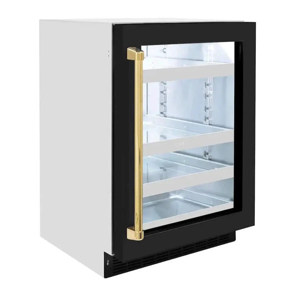 ZLINE 24" Touchstone 151 Can Beverage Fridge Black Matte Glass Door Gold RBSOZ-BLM-24-G by Farmhouse Kitchen and Bath